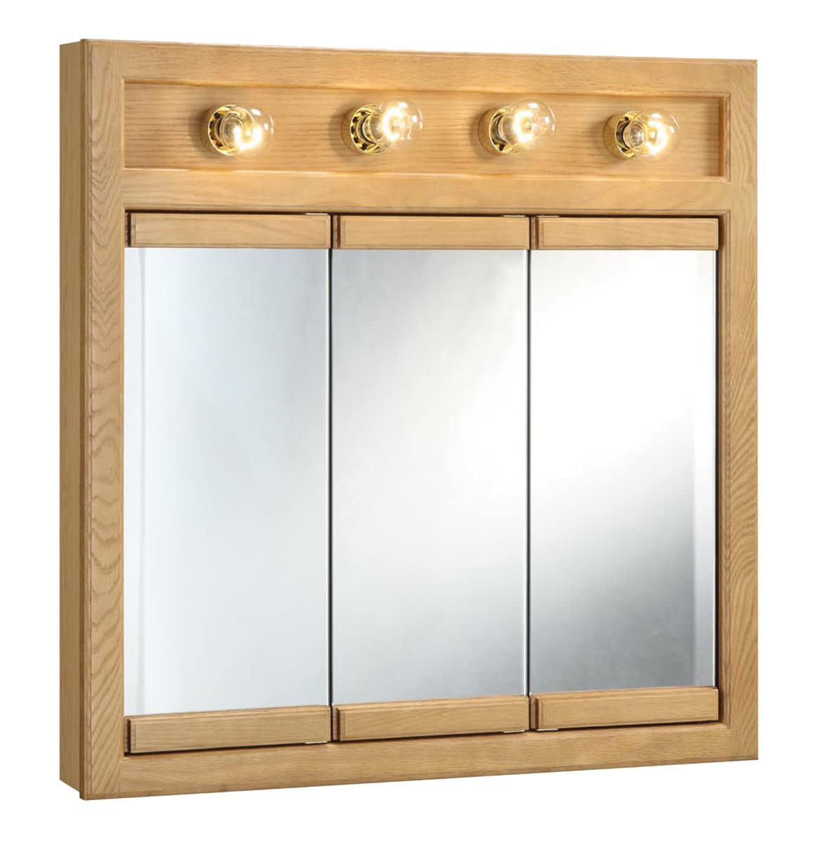 Design House 30" Wall Mounted 4-Light Tri-View Mirrored Bathroom Cabinet, Nutmeg Oak