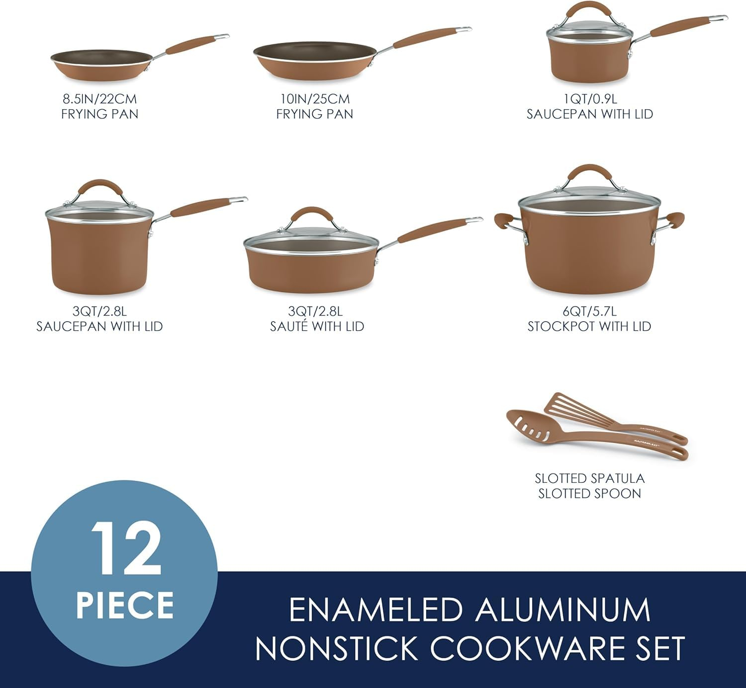 Rachael Ray Cucina Juego de Ollas y Sartenes Antiadherentes, 12 Piezas, Marrón Hongo