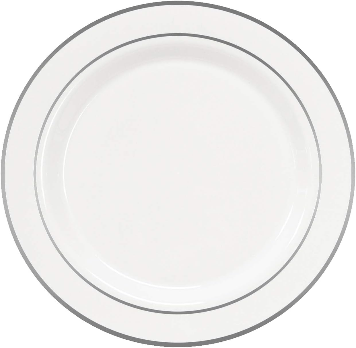 Party Essentials 12-Count Hard Plastic 9" Divine Dinnerware Disposable China Lunch/Dinner Plates, White with Silver Band