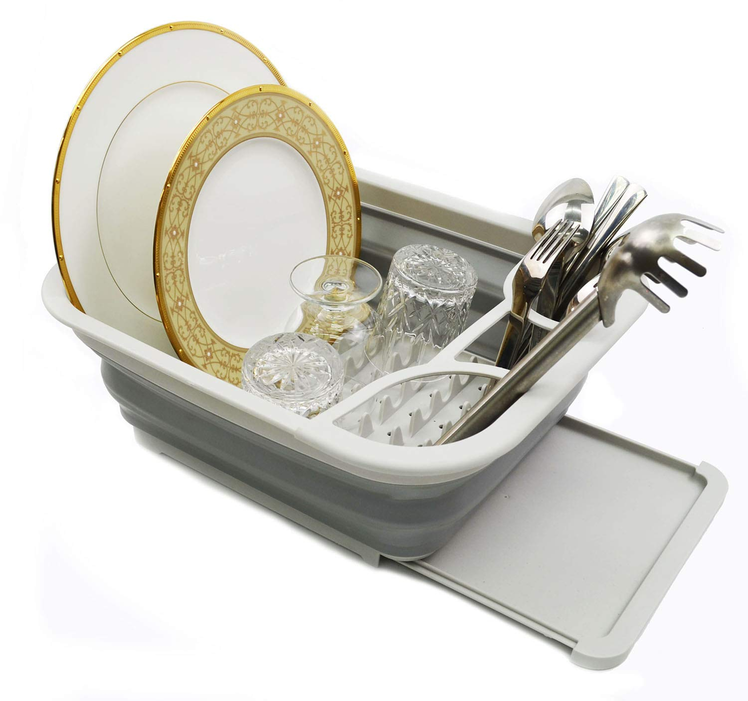 SAMMART Collapsible Dish Drainer with Drainer Board - Foldable Drying Rack Set - Portable Dinnerware Organizer - Space Saving Kitchen Storage Tray