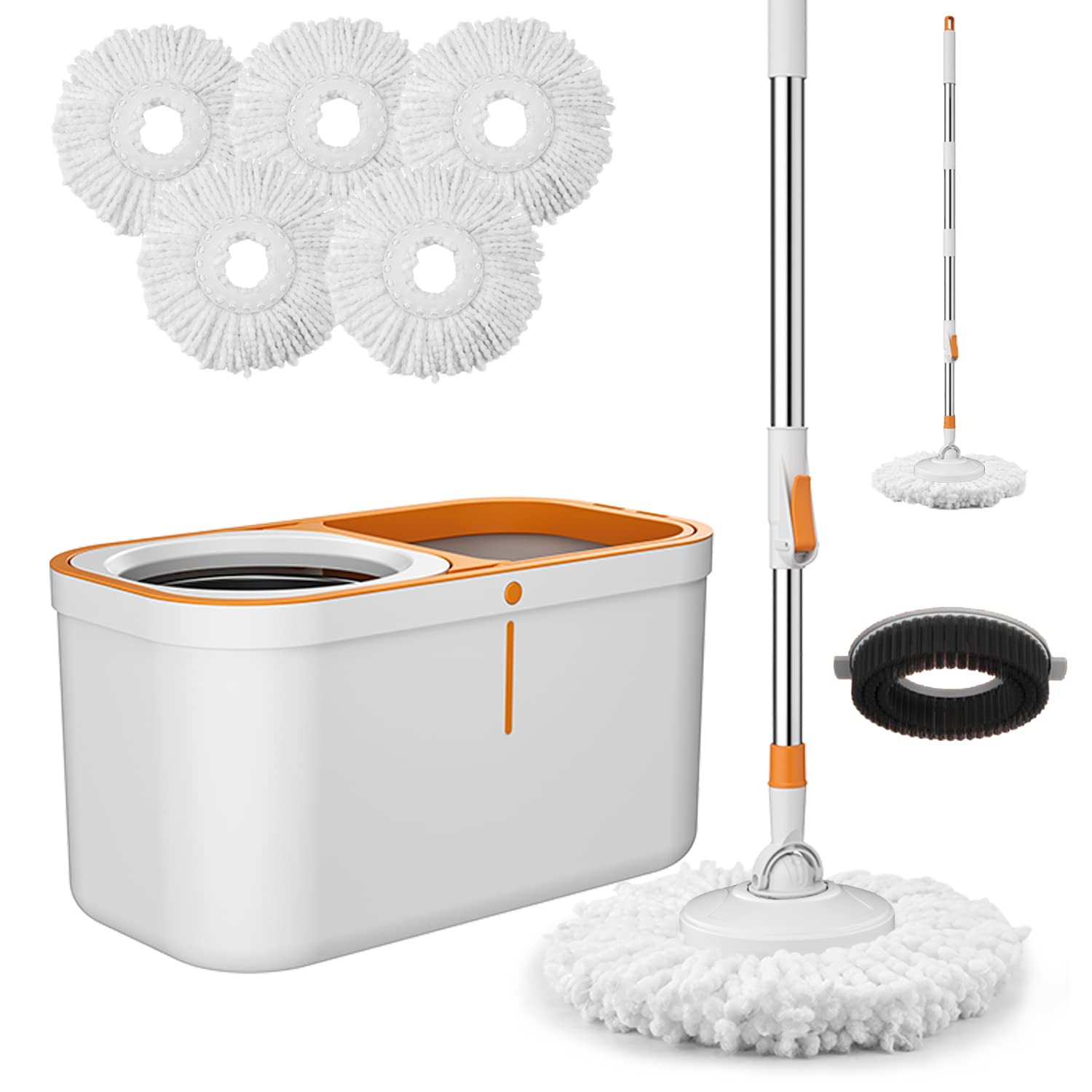 Spin Mop Bucket with Wringer System Extended Mop Handle 61＂Mop and Bucket for Floors Cleaning with 5 Replacement Head Refill 1 Cleaning Brush Head