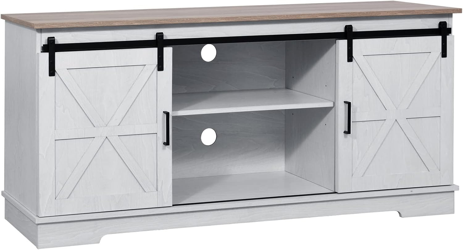 Kitchen Buffet Cabinet, 60“ Farmhouse Sliding Barn Door Coffee Bar Sideboard Buffet Cabinet with Capacity 300 lbs for Home Kitchen Dinning Living Room, Grey White/Grey Wash