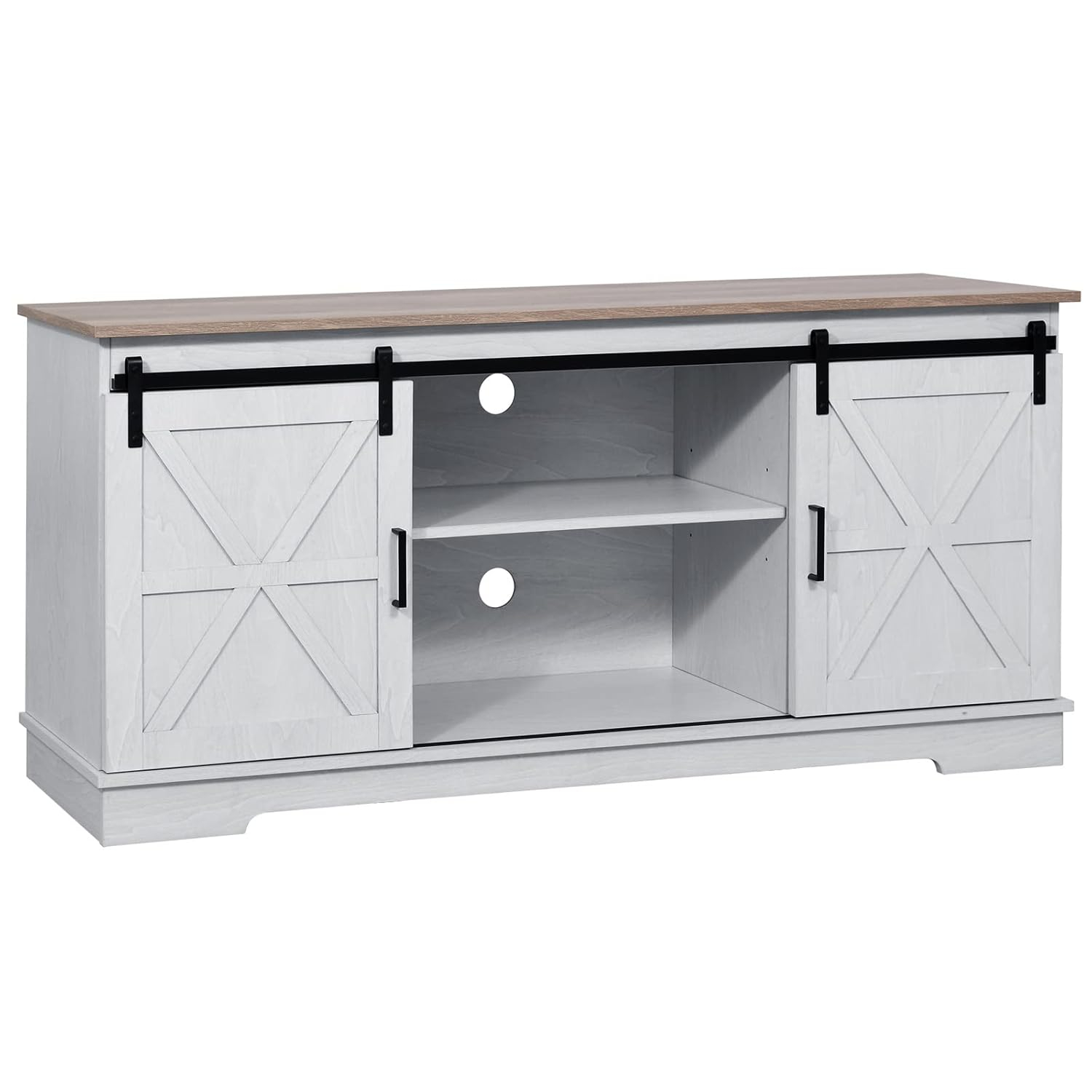 Kitchen Buffet Cabinet, 60“ Farmhouse Sliding Barn Door Coffee Bar Sideboard Buffet Cabinet with Capacity 300 lbs for Home Kitchen Dinning Living Room, Grey White/Grey Wash