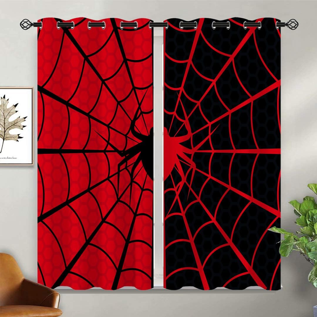 Superhero Blackout Curtains for Girls Boy Home Decor, Children Baby Black Red Spider Web Grommet Thermal Insulated Drapes Darkening Window Curtain for Bedroom Living Room, 42 x 45 Inch
