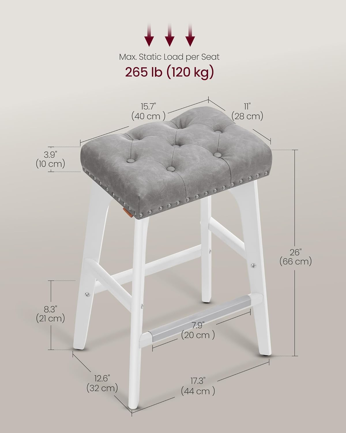 Killeryuki Bar Stools Set of 2, Counter Height Bar Stools, 26-Inch Kitchen Counter Stools with Wooden Legs, PU Leather Barstools Upholstered Stools for Kitchen Island Dining Room, Gray ULBC085G01