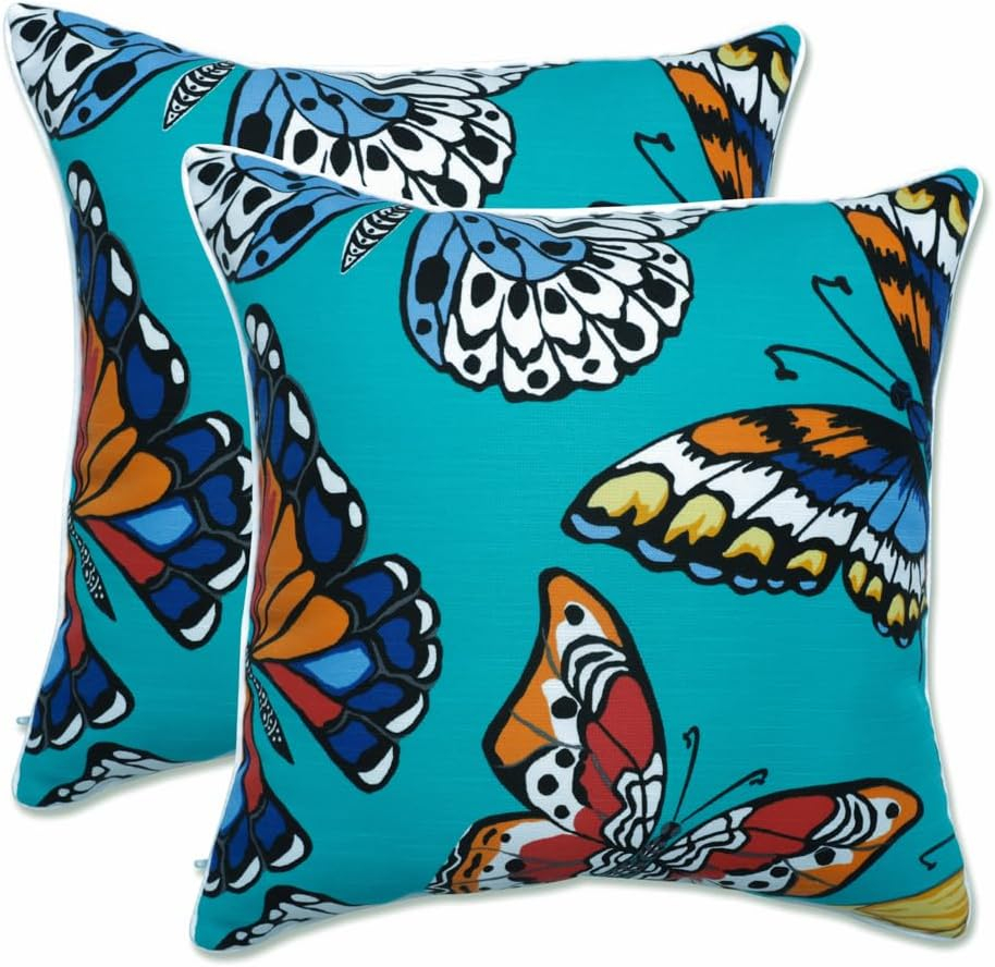 Pillow Perfect Outdoor/Indoor Throw Pillows, Large - 18.5" x 18.5", Blue Butterfly Garden Turquoise 2 Count