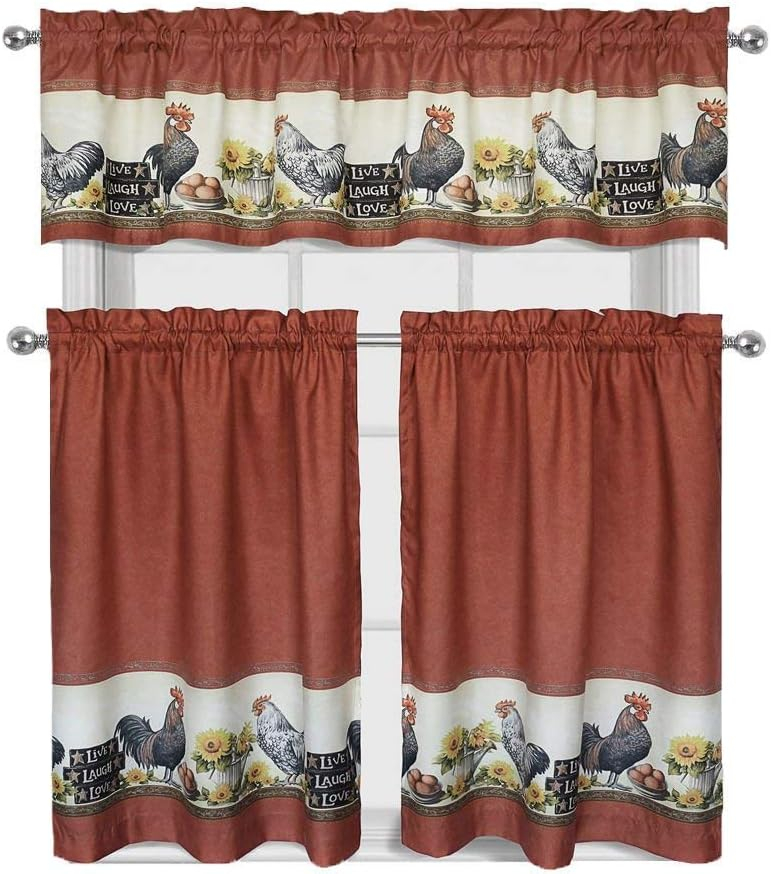 3 Piece Rooster Window Treatment Kitchen Curtain Panel Tier & Valance Set