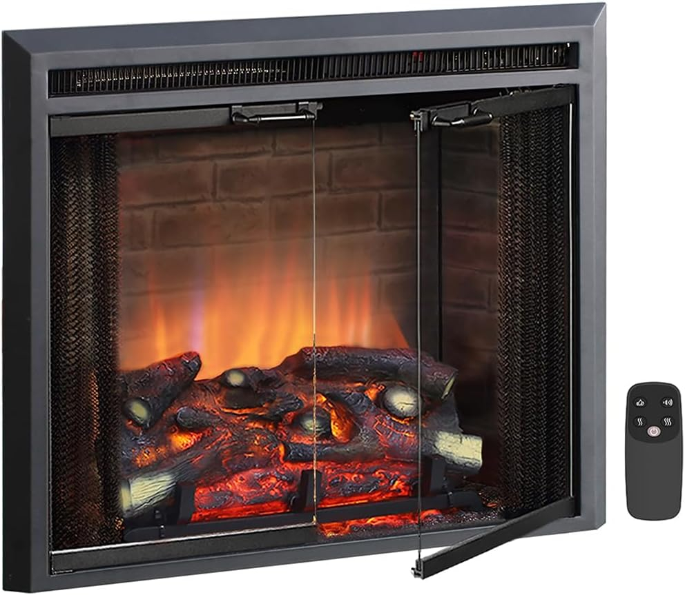 PuraFlame Klaus Electric Fireplace Insert with Fire Crackling Sound Glass Door and Mesh Screen, 750/1500W, Black, 26 Inches Wide, 23 3/16 Inches High, 26 W X 23 3/16 H X 7 51/64 D