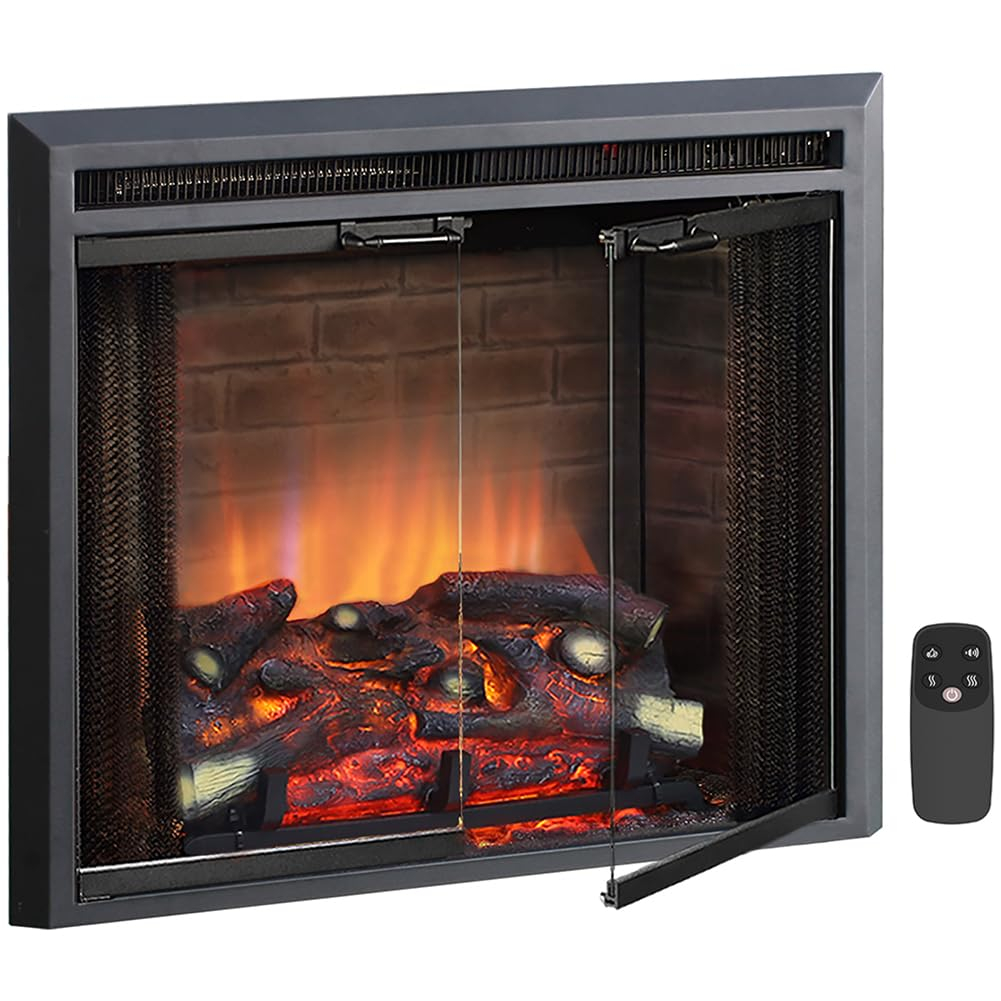 PuraFlame Klaus Electric Fireplace Insert with Fire Crackling Sound Glass Door and Mesh Screen, 750/1500W, Black, 26 Inches Wide, 23 3/16 Inches High, 26 W X 23 3/16 H X 7 51/64 D