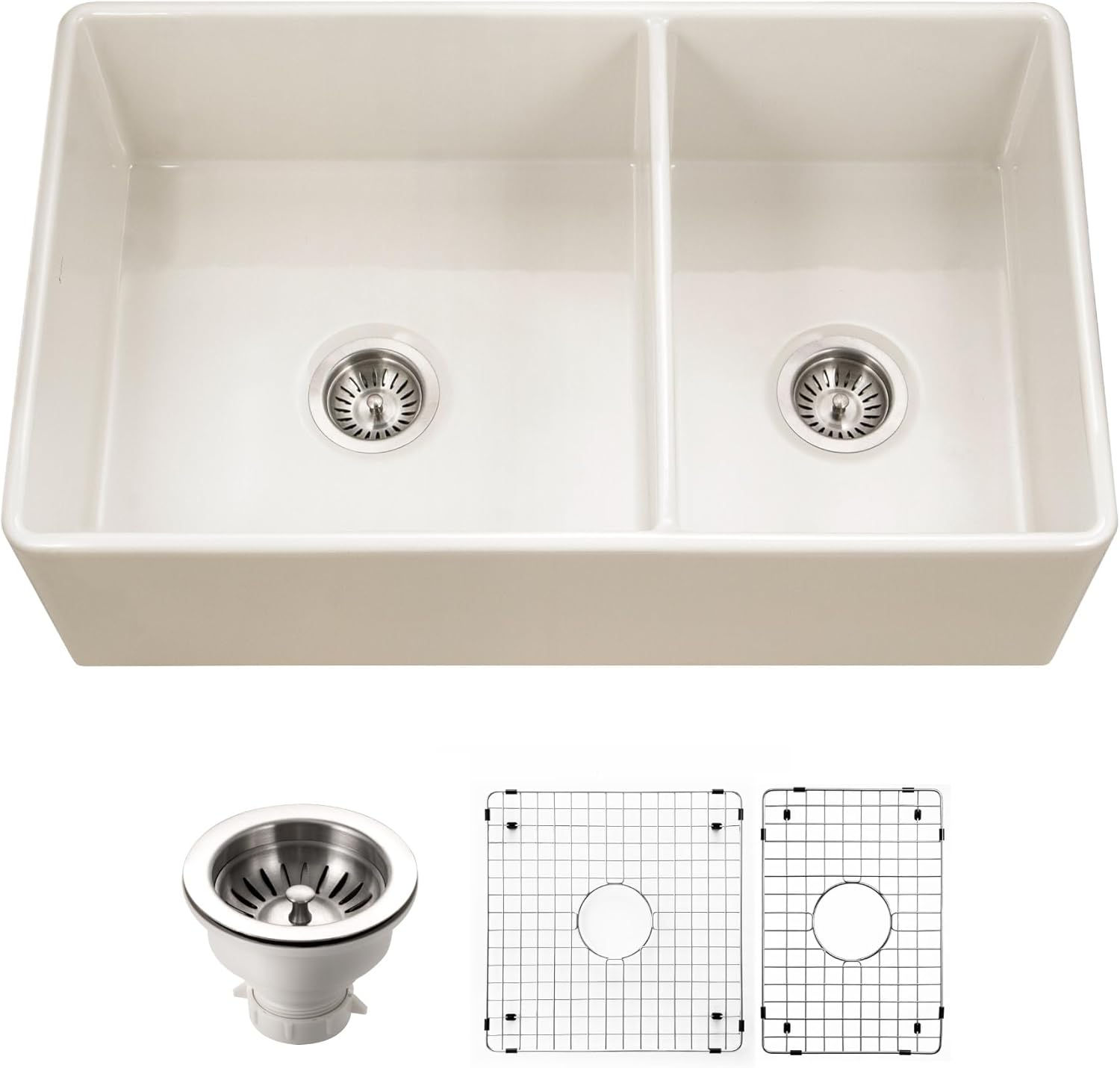 Platus 33 in. Biscuit Fireclay Apron Front Farmhouse 60/40 Double Bowl Kitchen Sink with Strainer and Grids PTD-6040 BQC