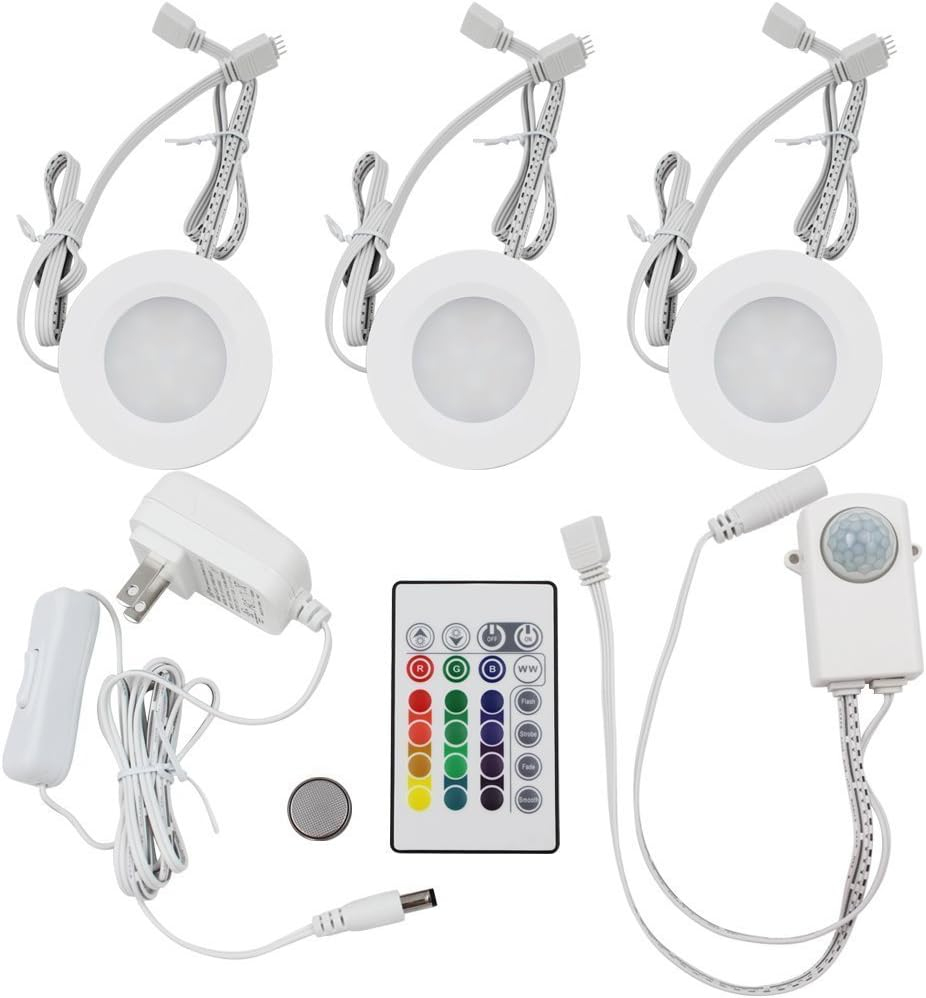 TORCHSTAR Set of 3 Multicolor LED Under Cabinet Lighting Kit, UL-Listed Power Adapter, Surface and Recessed Mount LED Puck Lights, IR Remote Control, Warm White