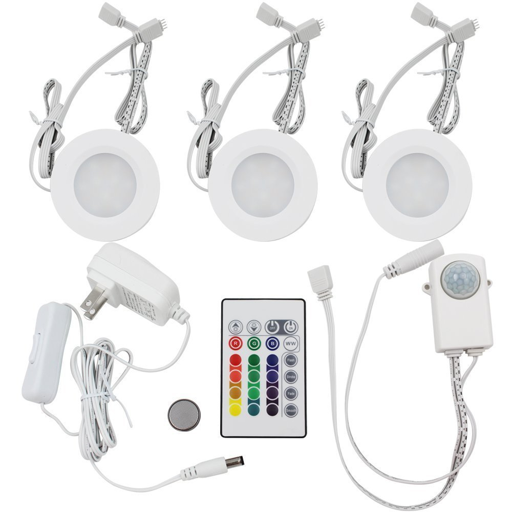 TORCHSTAR Set of 3 Multicolor LED Under Cabinet Lighting Kit, UL-Listed Power Adapter, Surface and Recessed Mount LED Puck Lights, IR Remote Control, Warm White
