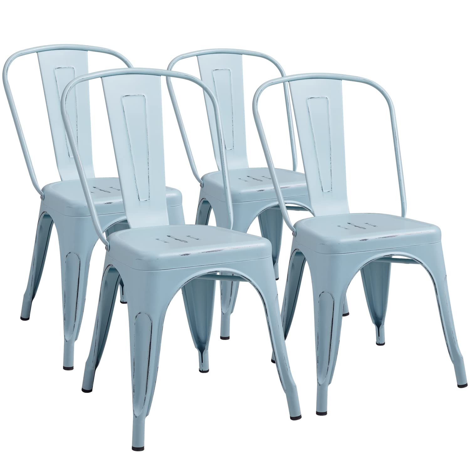 Furmax Metal Dining Chair Indoor Outdoor Use Stackable Chic Side Classic Trattoria Metal Chairs Set of 4 for Kitchen, Dining Room, Bistro and Cafe (Distressed White)