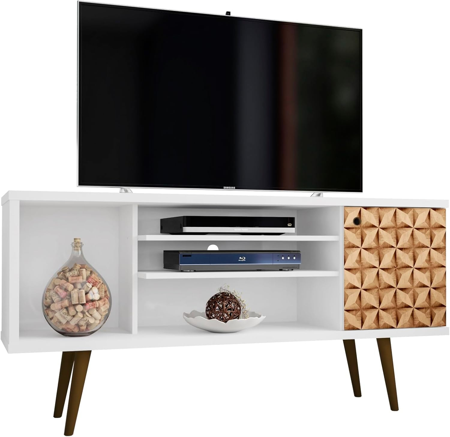 Liberty 53.14" Mid-Century Modern TV Stand with 5 Shelves and 1 Door  with Solid Wood Legs