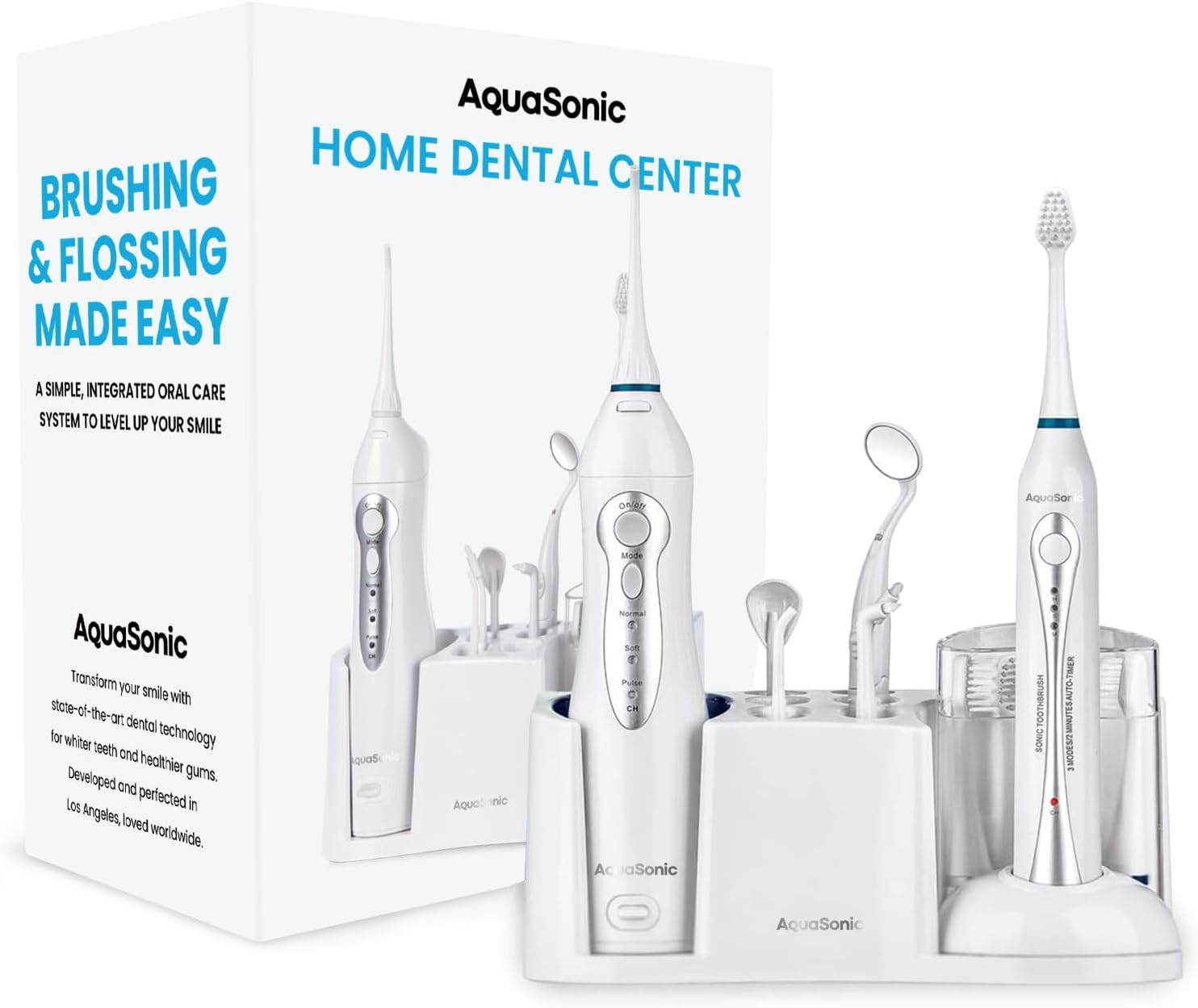 Aquasonic Home Dental Center - Electric Sonic Toothbrush & Smart Water Flosser Combo, 3 Cleaning Modes, Inductive Charging, Auto Timer, Complete Oral Care Kit for Family (White)