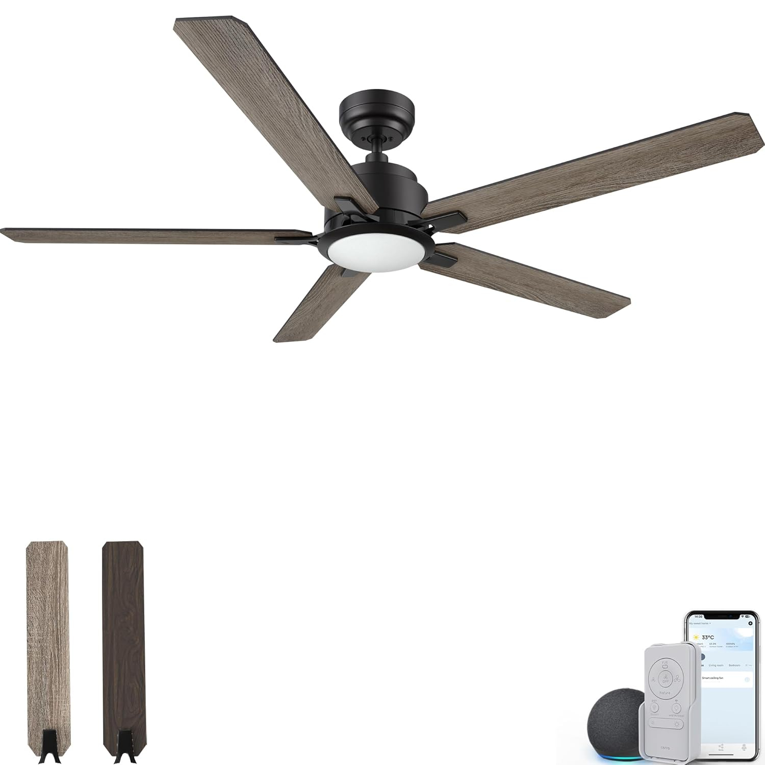 52" 5 Baldes Smart Wifi Ceiling Fan with Remote and Dimmable LED Light Dark Wood