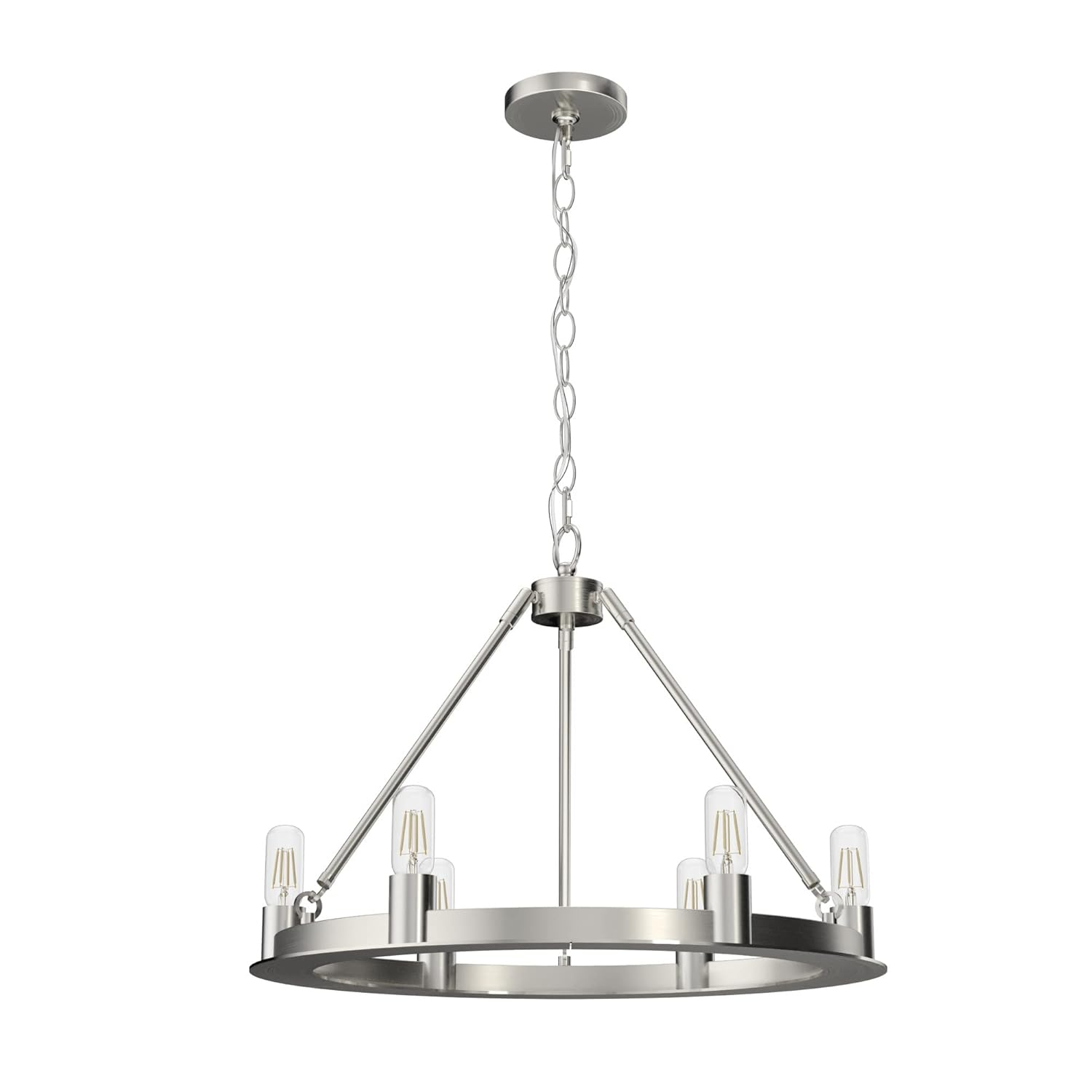 Hunter - Saddlewood 6-light Brushed Nickel, Large Chandelier, Dimmable, Casual Style, Wagon Wheel Shaped, for Bedrooms, Kitchens, Dining, Living Rooms - 19034