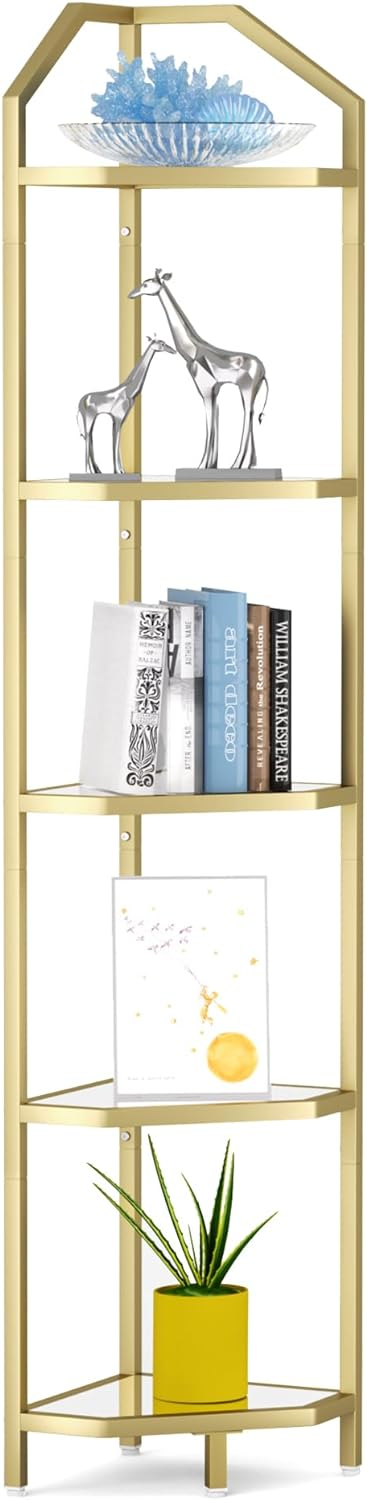 Gold 5-Tier Corner Bookshelf with Tempered Glass Shelves