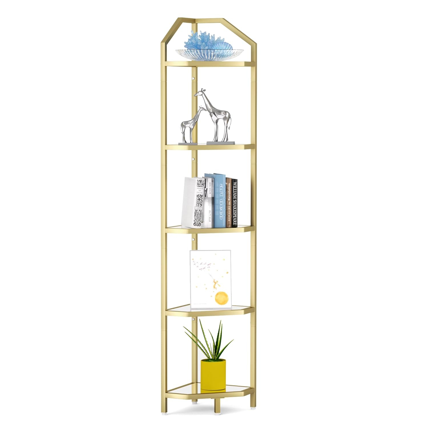 Gold 5-Tier Corner Bookshelf with Tempered Glass Shelves