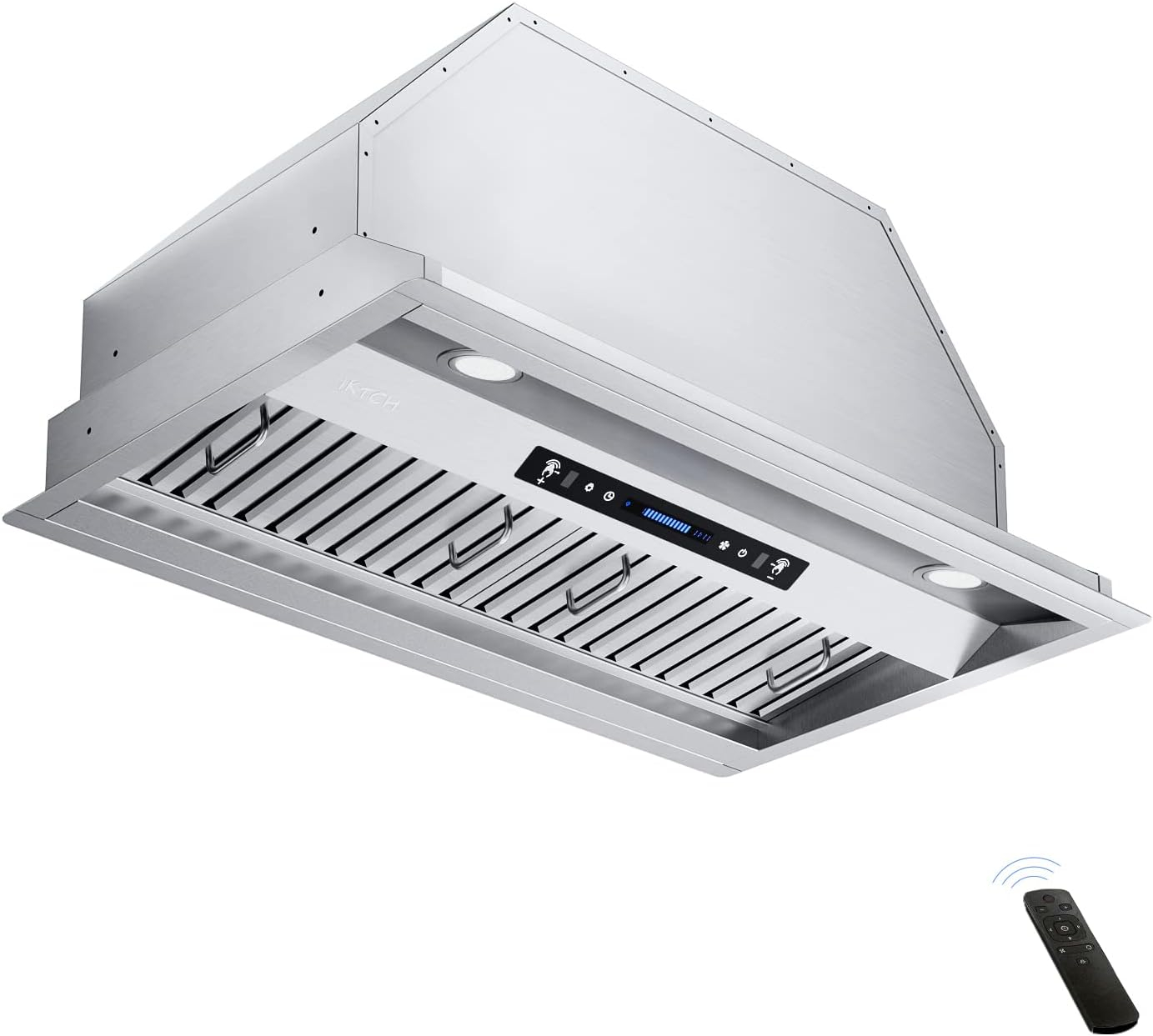 IKTCH 42 inch Built-in/Insert Range Hood 900 CFM, Ducted/Ductless Convertible Duct, Stainless Steel Kitchen Vent Hood with 2 Pcs Adjustable Lights and 3 Pcs Baffle Filters with Handlebar(IKB02-42'')