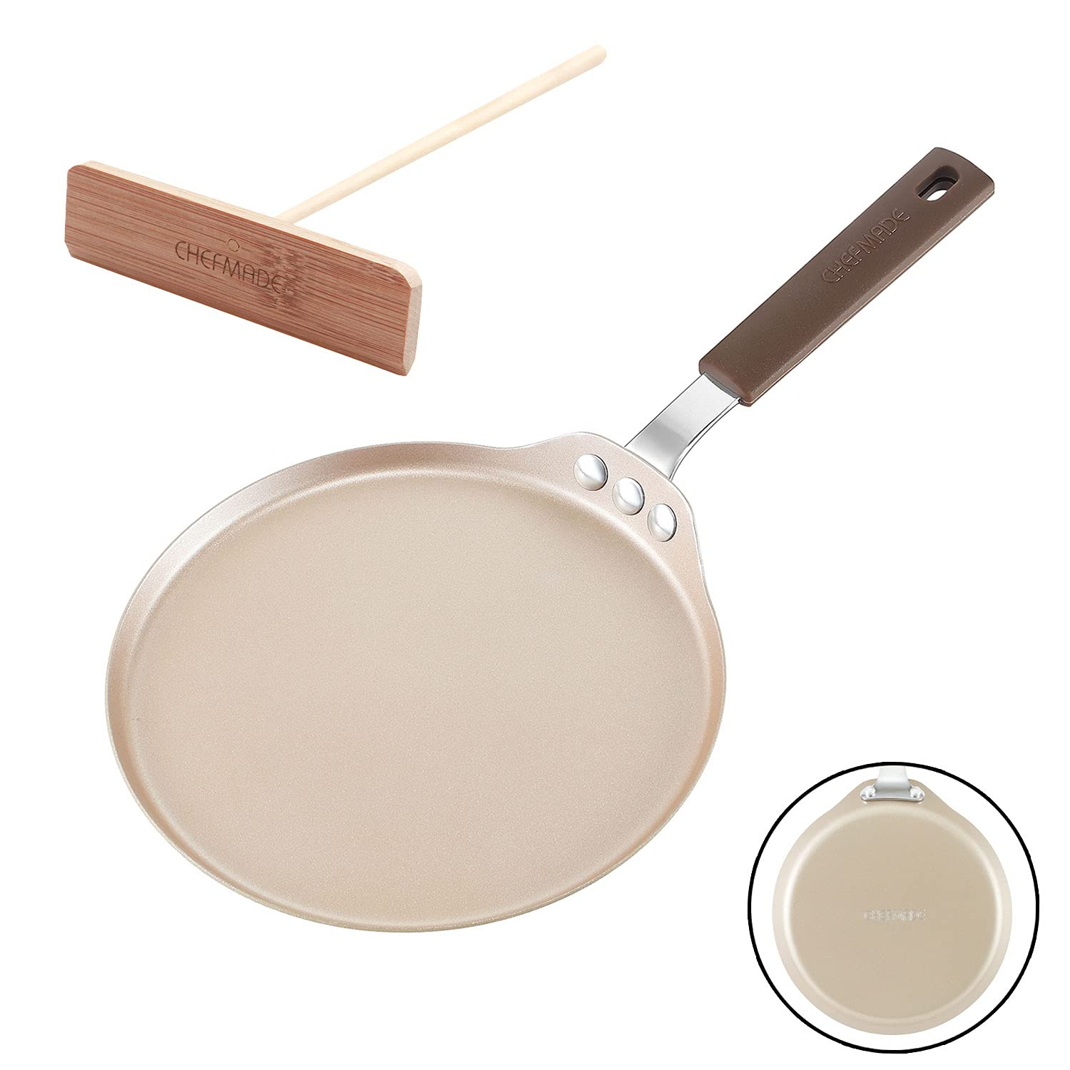 CHEFMADE 8-inch Non-Stick Crepe Pan with Bamboo Spreader & Silicone Handle, Compatible with Gas/Induction/Electric (Champagne Gold)