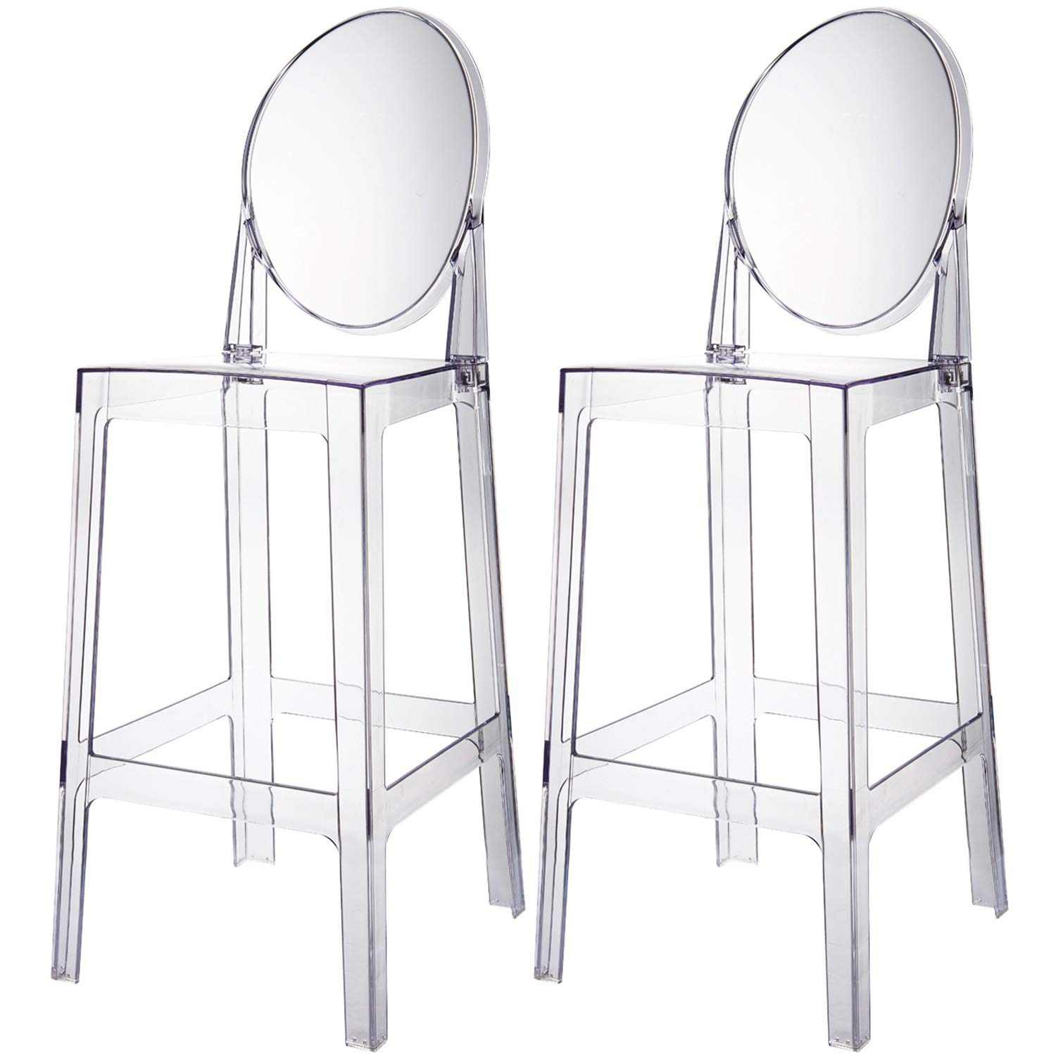 2xhome Set of 2 30" Seat Height Modern Contemporary Bar Stool with Oval Back Armless Polycarbonate Transparent Clear