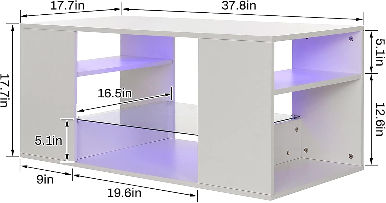 Hommpa White Coffee Table LED Coffee Table with Storage Modern Living Room Table Glass Open Shelves Rectangle Cocktail Center Tables High Gloss