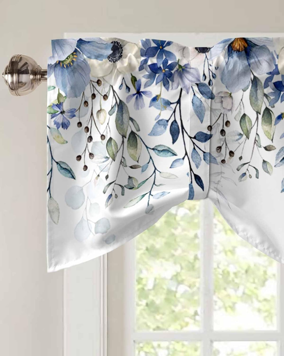 Blue Spring Floral Tie Up Valance Curtains for Windows, Summer Botanical Kitchen Curtains Window Treatments, Weeping Flower Short Window Shades Valances for Bedroom Bathroom Cafe 54"x18"