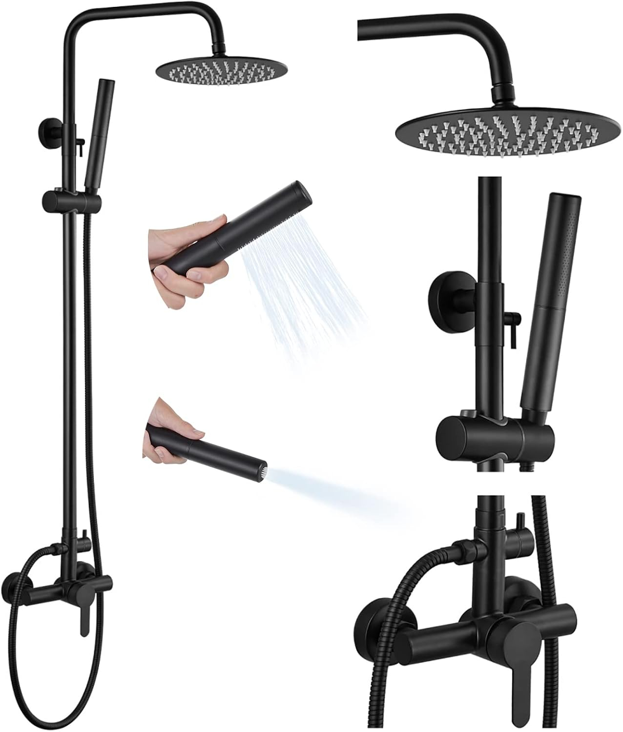 gotonovo Matte Black Outdoor Shower Fixture Rainfall Single Handle Shower System Set High Pressure Wall Mount 2 Dual Function 8 Inch Shower Head and Handheld Spray SUS304 Shower Faucet Combo