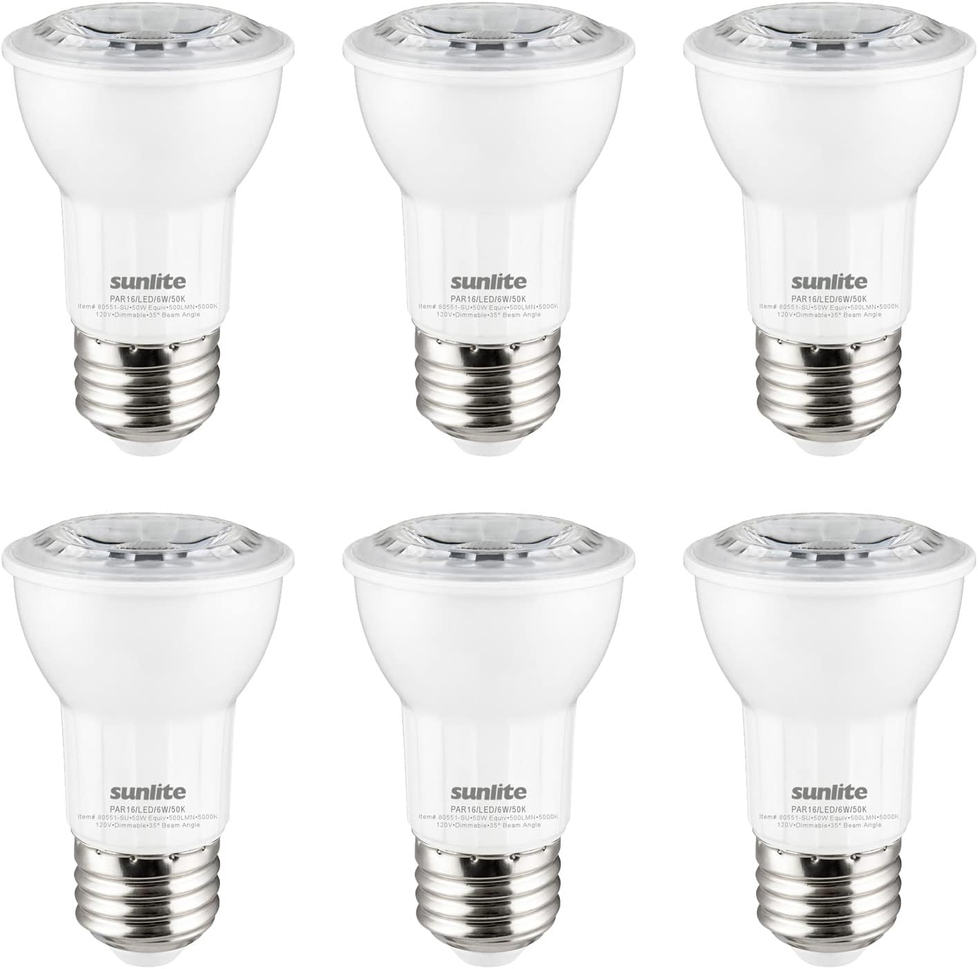 Sunlite LED PAR16 Reflector Light Bulb, 6 Watts (50W Equivalent), Medium E26 Base, Dimmable,ETL Listed, 5000K Daylight, 6-Pack