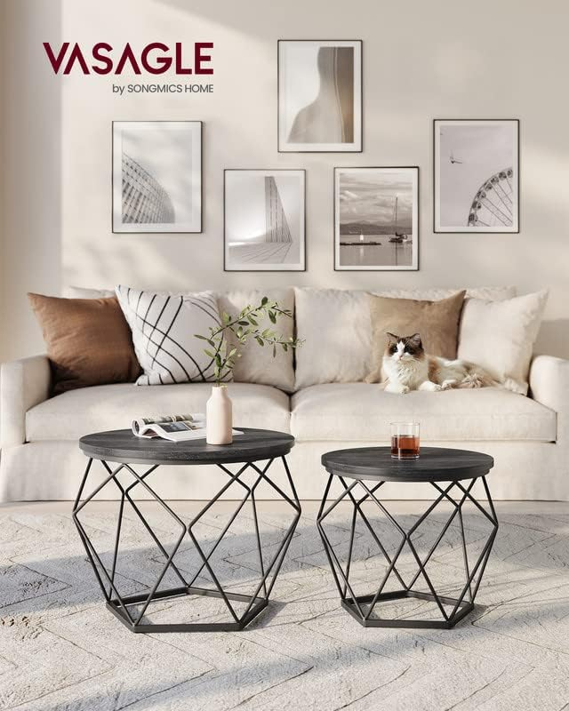 Small Coffee Table Set of 2, Round Coffee Table with Steel Frame, Side End Table for Living Room, Bedroom, Office, Charcoal Gray and Ink Black