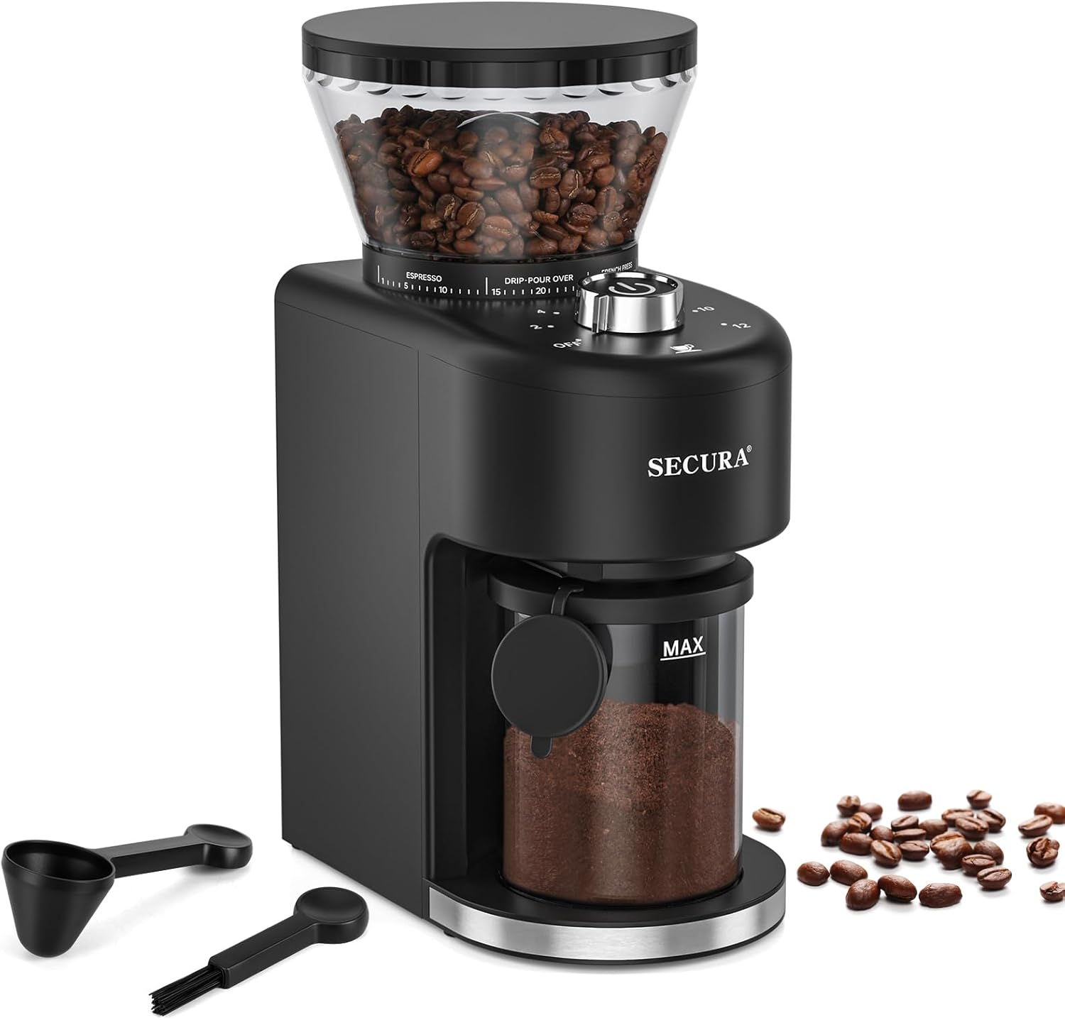 Secura Conical Burr Coffee Grinder with 35 Grinding settings Coffee Grinder for Espresso/Drip/French Press Coffee Maker, 2-12 Cups Black