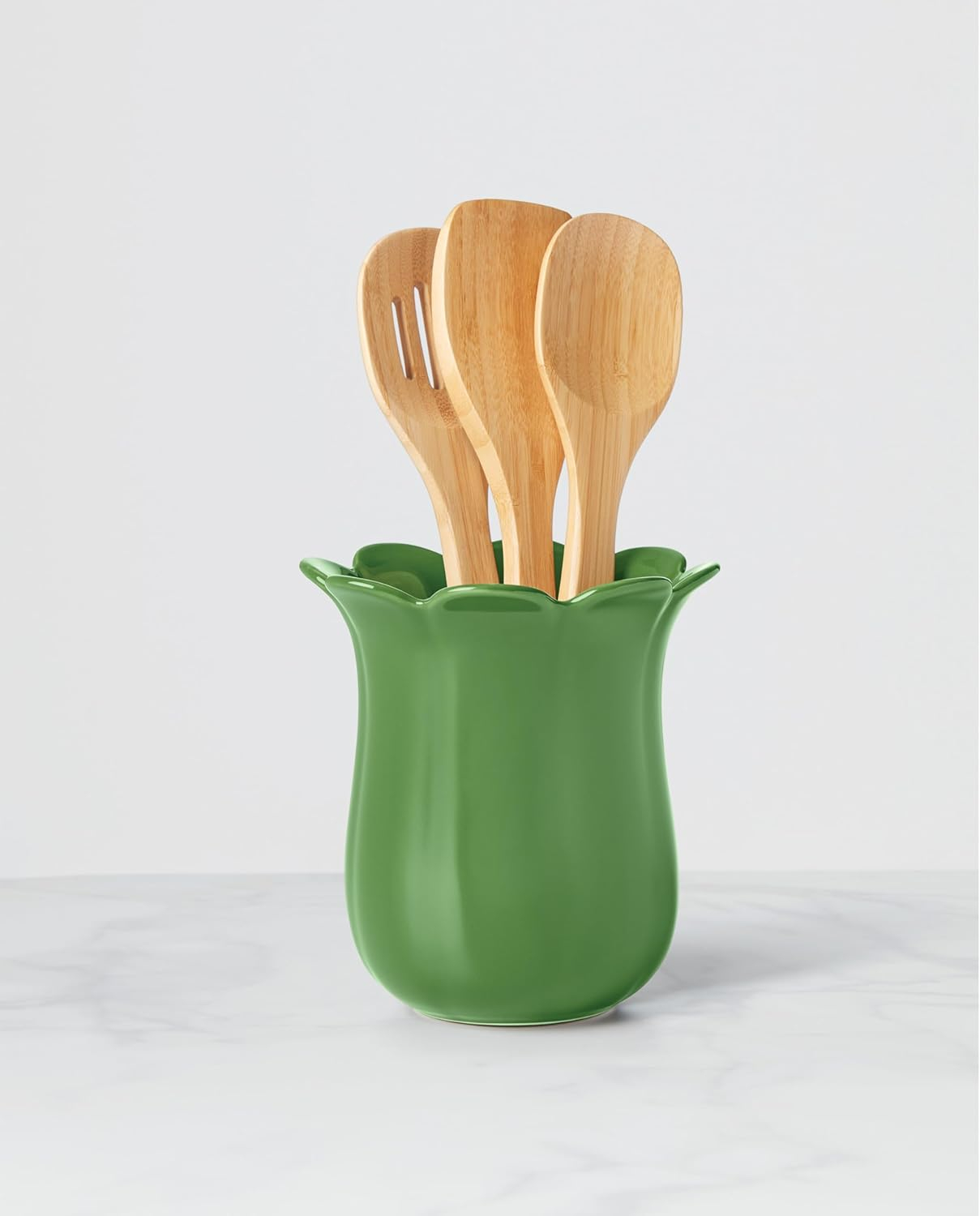 Green Ceramic Floral Utensil Crock with Light Wood Utensils