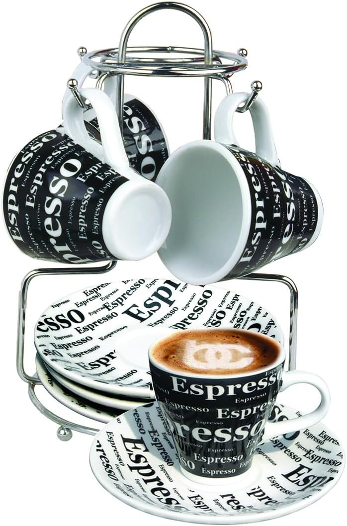 Bene Casa Porcelain 9 Piece Espresso Set with Iron Stand