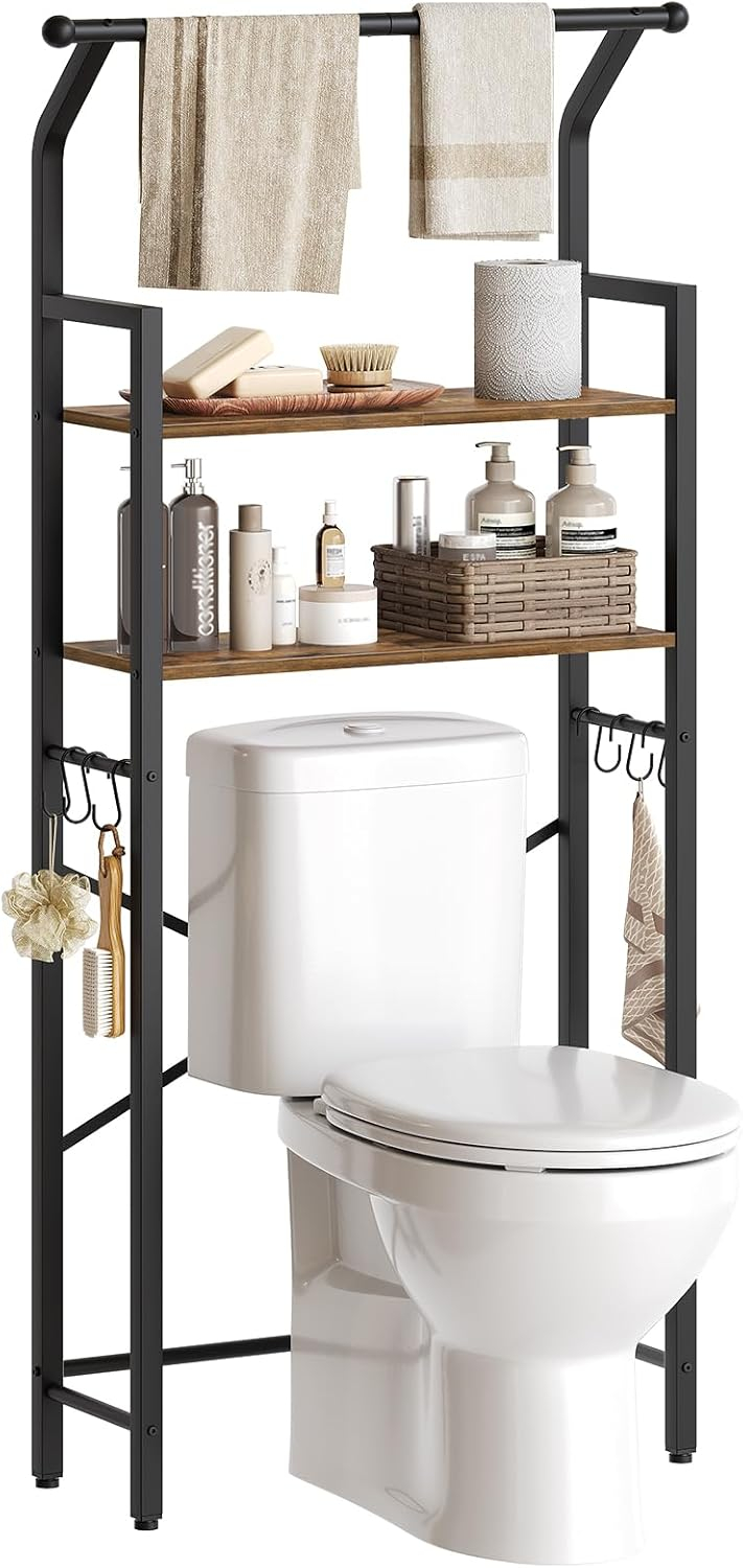 Over The Toilet Storage, 2-Tier Bathroom Organizer Shelves with Hooks, Multifunctional Vertical The Toilet Shelf Storage Rack for Bathroom, Rustic Brown and Black TR01BR