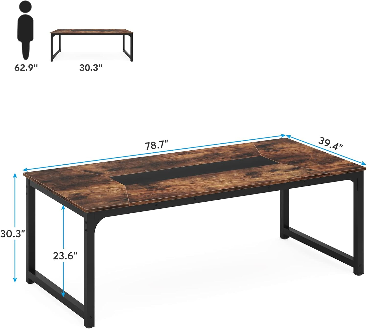 Rustic Brown and Black MDF Conference Table with Metal Frame, 78.7"