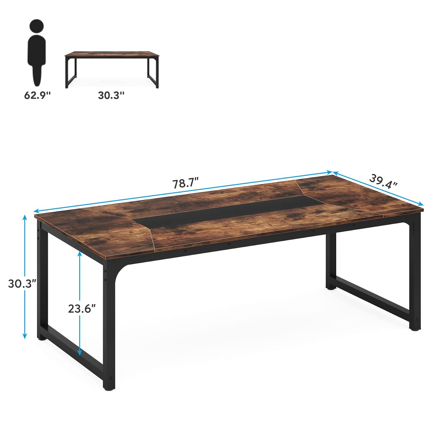 Rustic Brown and Black MDF Conference Table with Metal Frame, 78.7"