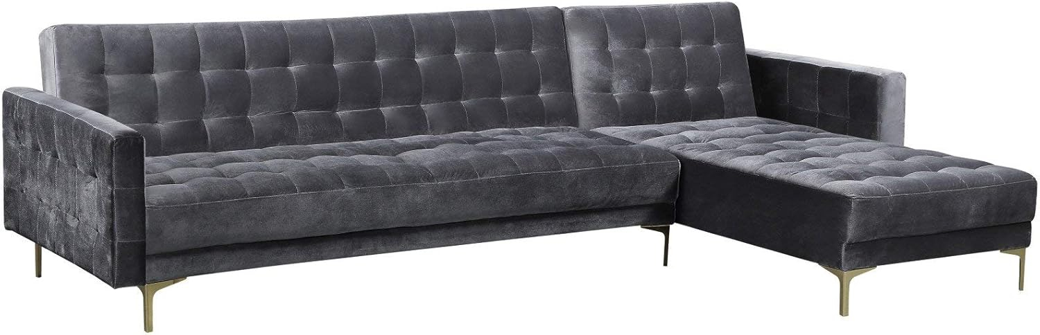 Luxurious Gray Velvet Tufted Sectional with Gold Metal Legs