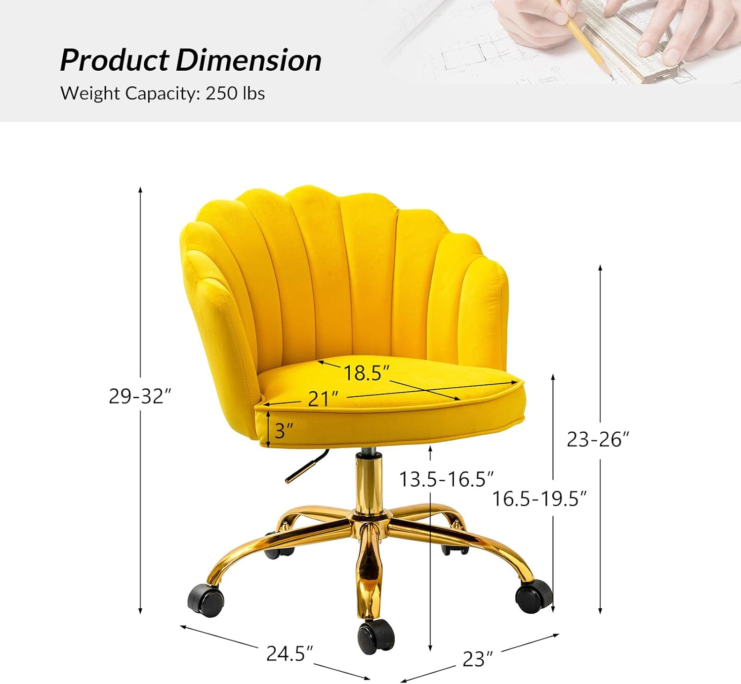 Yellow Velvet Swivel Task Chair with Gold Metal Base