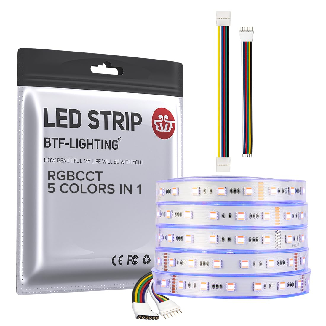 BTF-LIGHTING RGBCCT 5 Colors in 1 LED 5050SMD RGBWW RGB+Dimmable Tunable Color Temperature 2700K-6500K 16.4ft 60LEDs/m 300LEDs DC24V Multi-Colored Tape Lights IP30 White PCB(No Adapter or Controller)