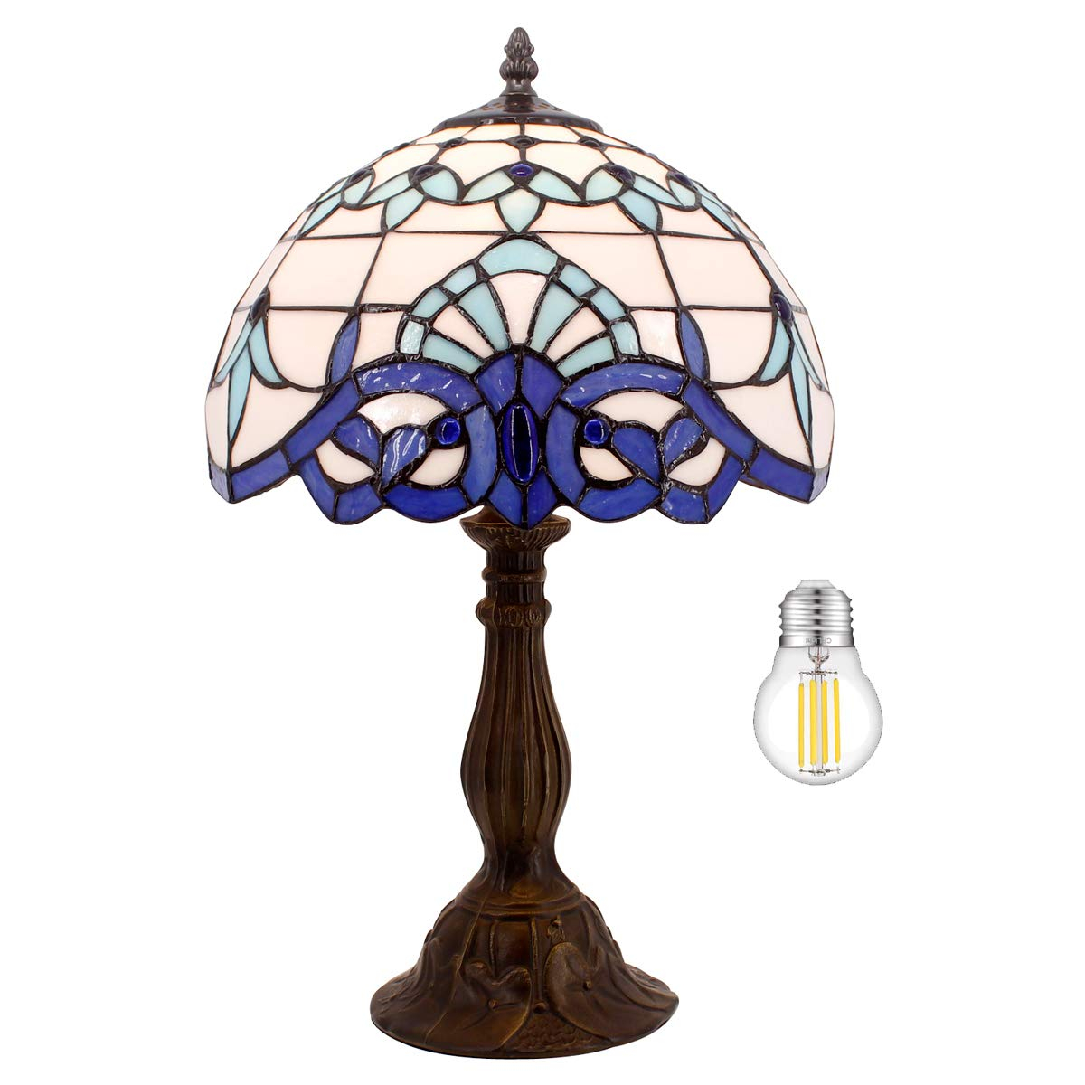 WERFACTORY Tiffany Table Lamp Navy Blue Baroque Stained Glass Style Desk Bedside Reading Light 12X12X18 Inches Decor Bedroom Living Room Home Office S003B Series