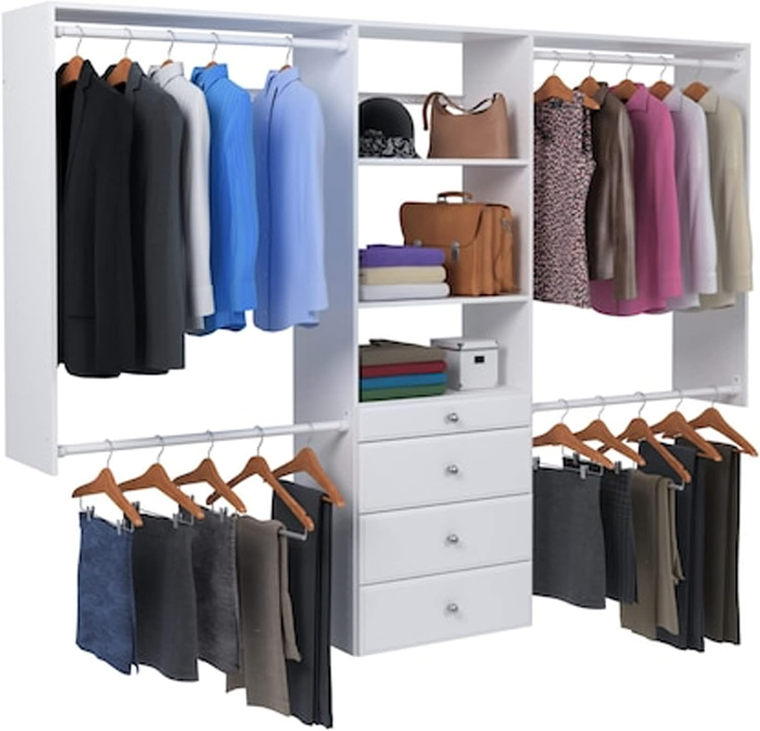 Easy Track Wood Laminate Deluxe Closet Organizer with Shelves and Drawers, White