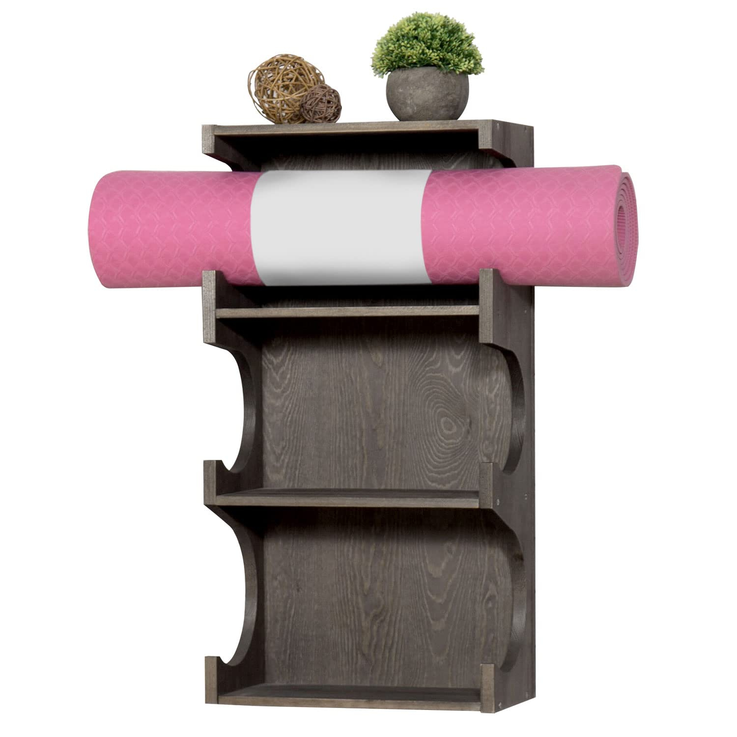 MyGift Wall-Mounted Vintage Gray Wood 3-Tier Yoga and Barre Mats Storage Rack