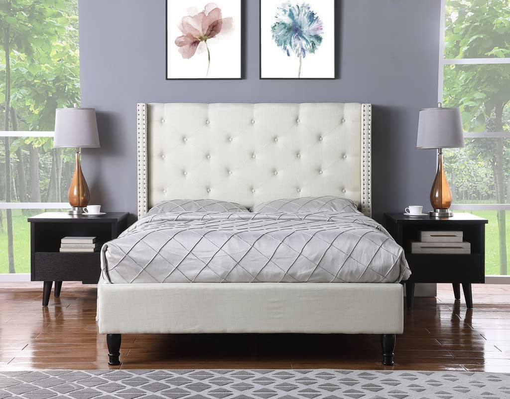 Oliver and Smith Full Upholstered Platform Bed Frame Light Beige - 51 Inch Tall Button Tufted Headboard - Soft Linen Fabric Wood Slats - Modern Fabric Design - Easy Assembly (ASTOR)