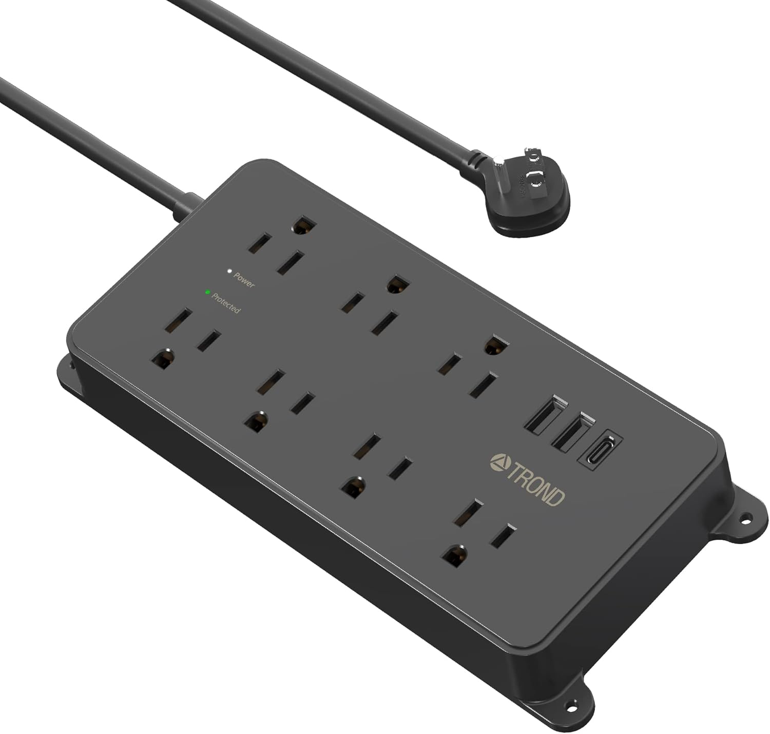 TROND Power Strip Surge Protector, ETL Listed, 15A, 7 Wide Spaced Outlets with 3 USB Ports, 14AWG Heavy Duty, 5ft Extension Cord, Wall Mount/Under Desk, 1700J, for Home Office Garage, Black