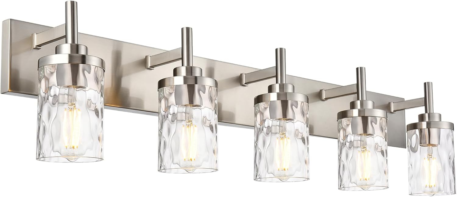BONLICHT Transitional Vanity Lighting Fixtures Brushed Nickel with Clear Hammered Glass Shade,Farmhouse 5 Light Bathroom Lights Wall Sconces Contemporary Indoor Wall Mount Lights for Kitchen Sink