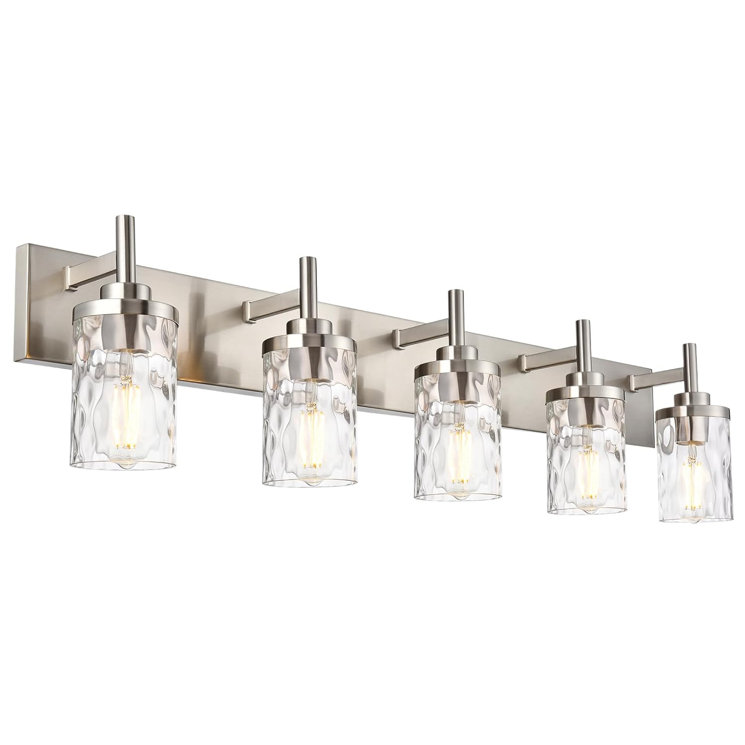 BONLICHT Transitional Vanity Lighting Fixtures Brushed Nickel with Clear Hammered Glass Shade,Farmhouse 5 Light Bathroom Lights Wall Sconces Contemporary Indoor Wall Mount Lights for Kitchen Sink