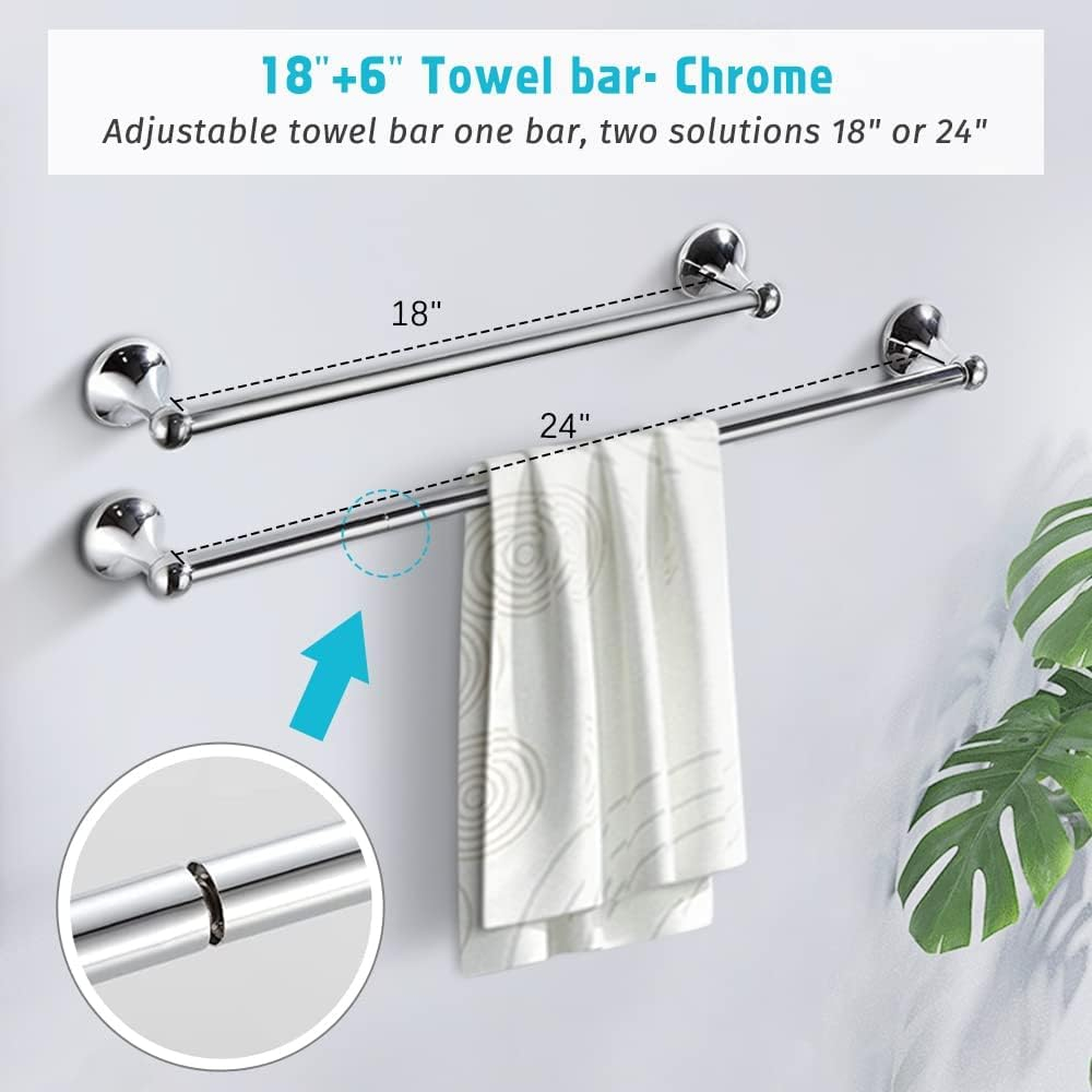 4 Piece Bathroom Accessory Set(Adjustable Towel Bar, Towel Ring, Toilet Paper Holder,Towel Hook), Wall Mounted Bathroom Hardware Accessories Set,Chrome