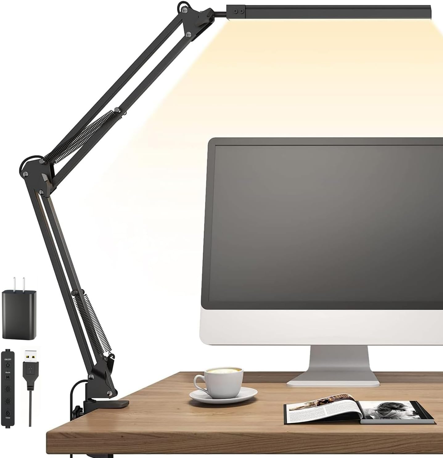 LED Desk Lamp, Swing arm Desk Light with clamp, 3 Lighting 10 Brightness Eye-Caring Modes, Reading Desk Lamps for Home Office 360 Degree Spin with USB Adapter & Memory Function black-14W