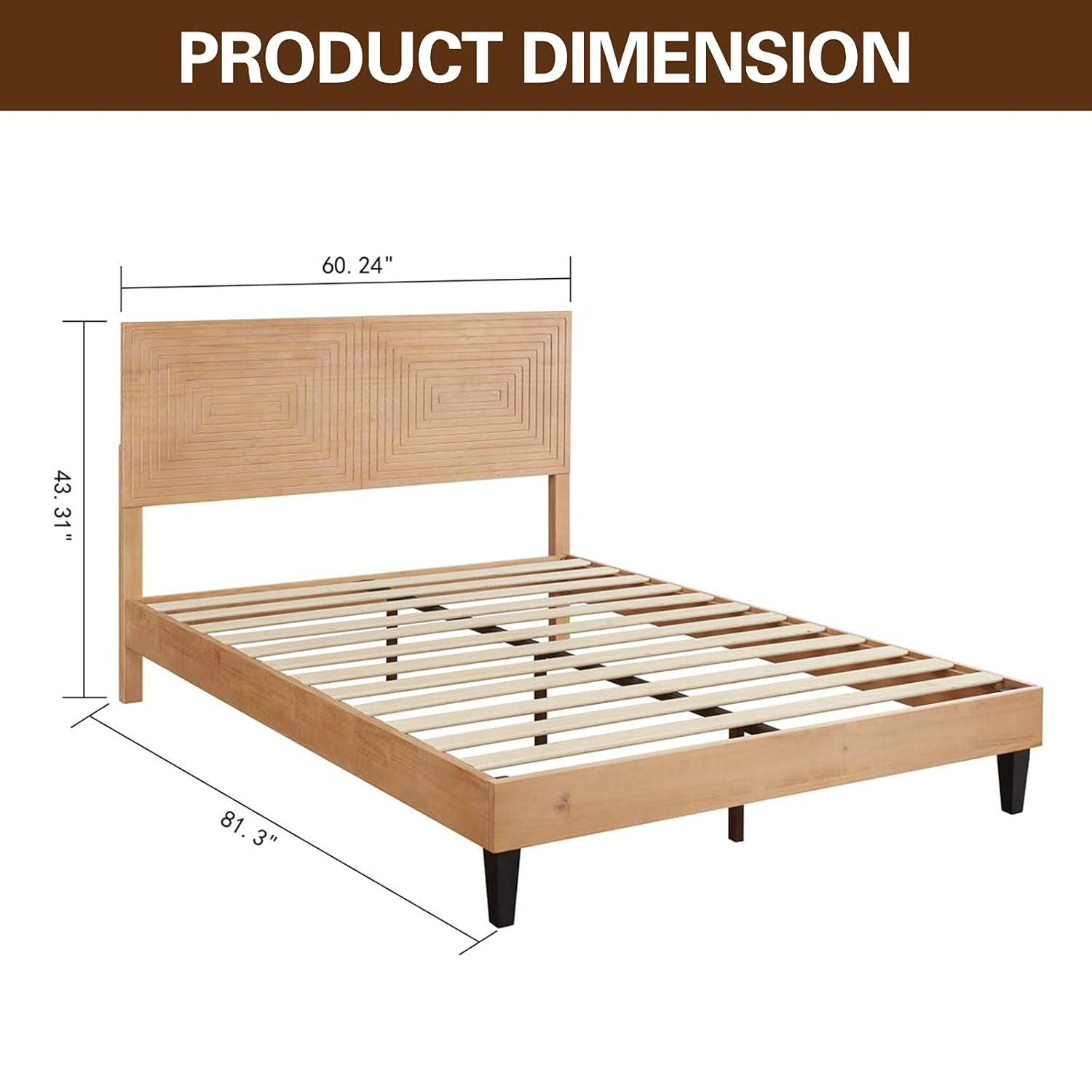MUSEHOMEINC Queen Size Bed Frame with Adjustable Height Headboard,Mid Century Modern Wood Platform Bed,Mattress Foundation with Wooden Slat Support,No Box Spring Needed,Easy Assembly(Queen)